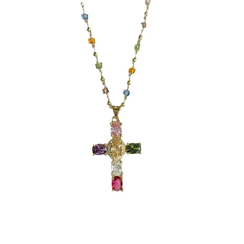Cross Zinc Alloy Plated Necklace with Crystal Cubic Zirconia